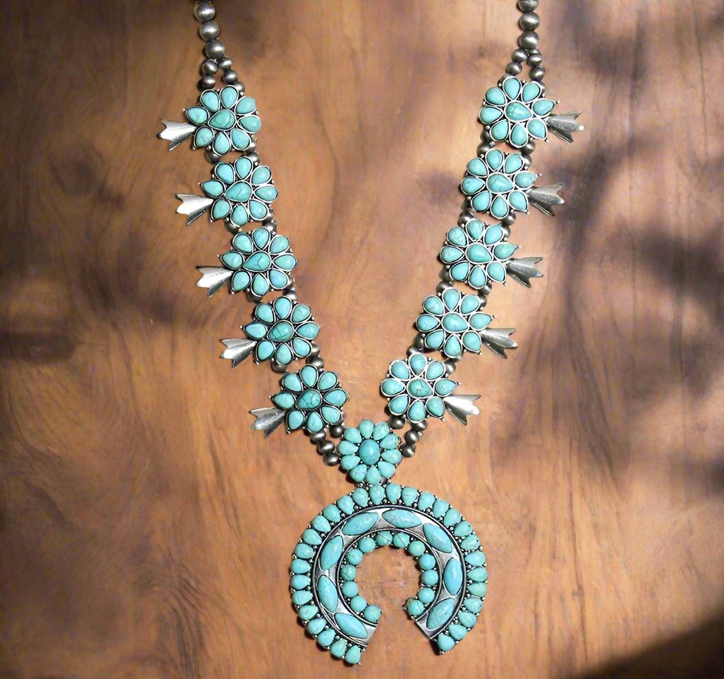 Montana Squash Blossom Necklace with Turquoise Accent, Silver Cedar Hill Country Market