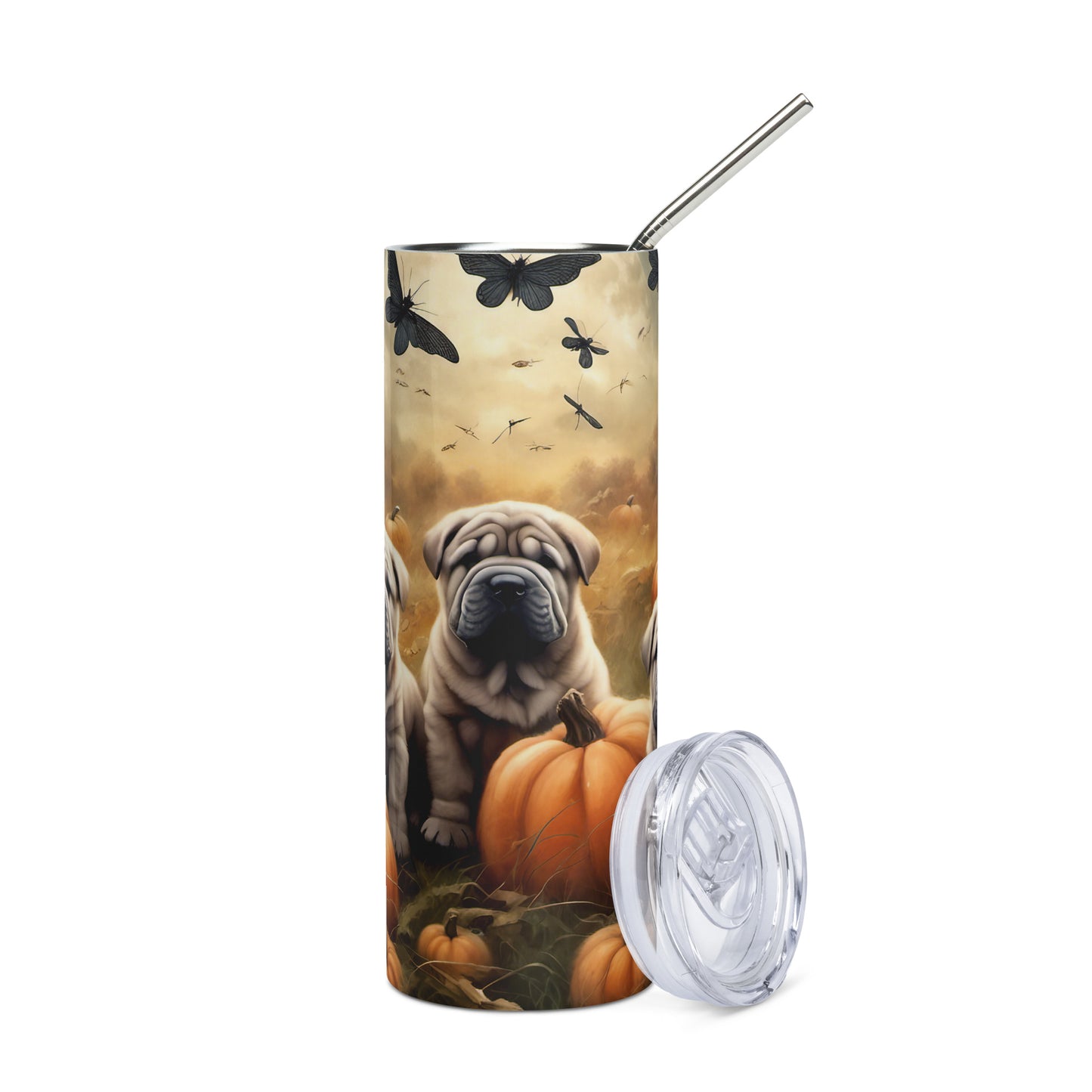 Shar Pei Puppies Playing in the Fall Pumpkin Patch Stainless steel tumbler CedarHill Country Market