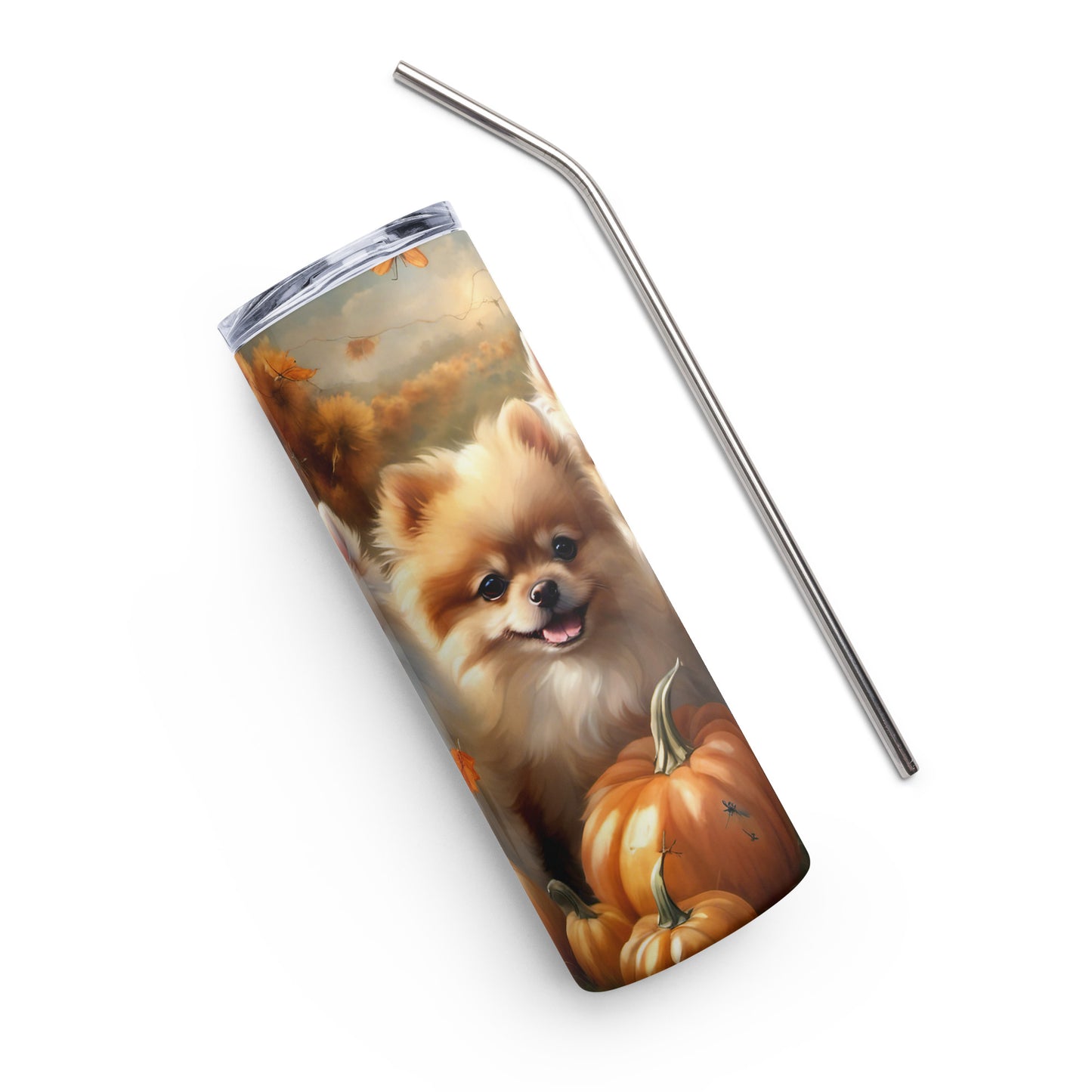 Pomeranian Antics in the Pumpkin Patch with Dragonflies Stainless steel tumbler CedarHill Country Market