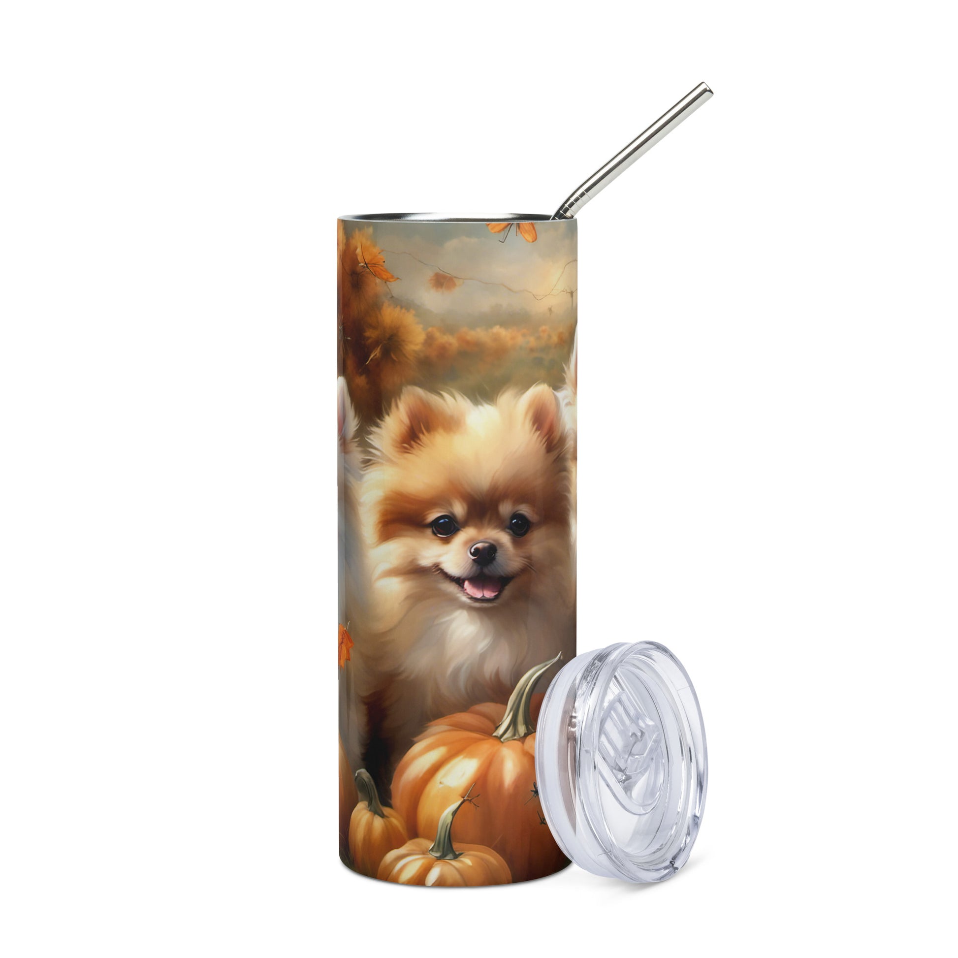 Pomeranian Antics in the Pumpkin Patch with Dragonflies Stainless steel tumbler CedarHill Country Market