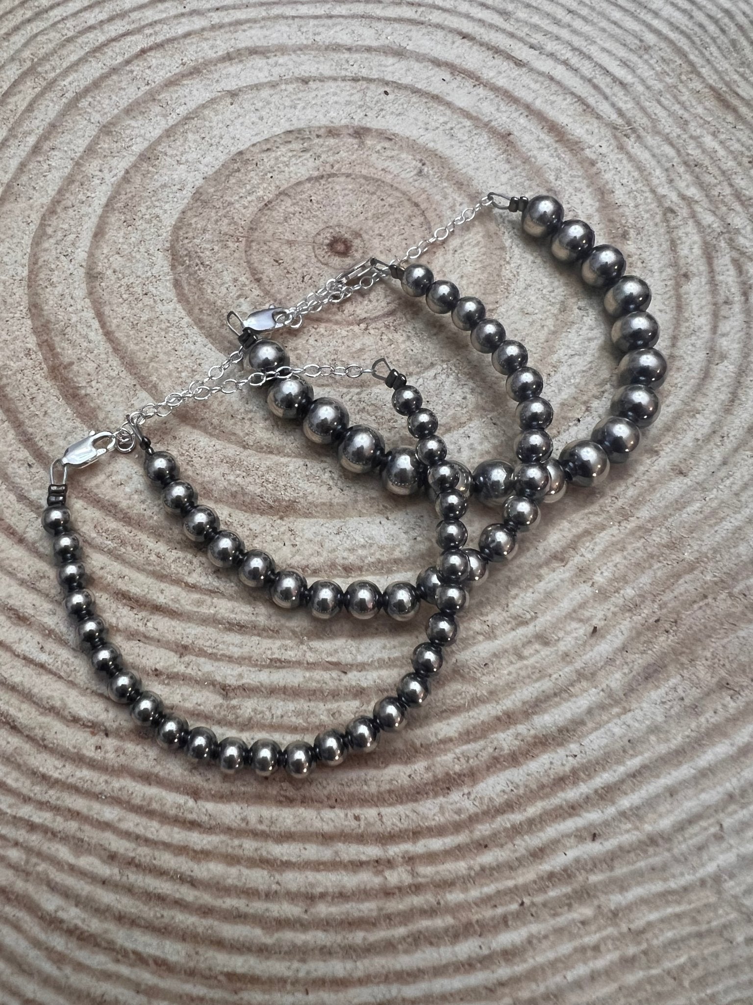 Sterling Silver Pearl Bracelet – Available in All Sizes (3, 4, 5 or 6 mm) Cowhide and Conchos