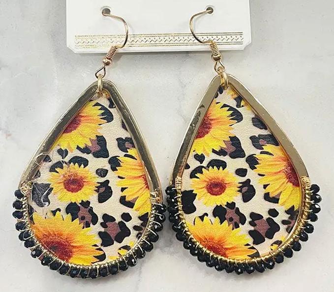 Daisy Dukes Sunflower Leopard Teardrop Gold Earrings Cedar Hill Country Market