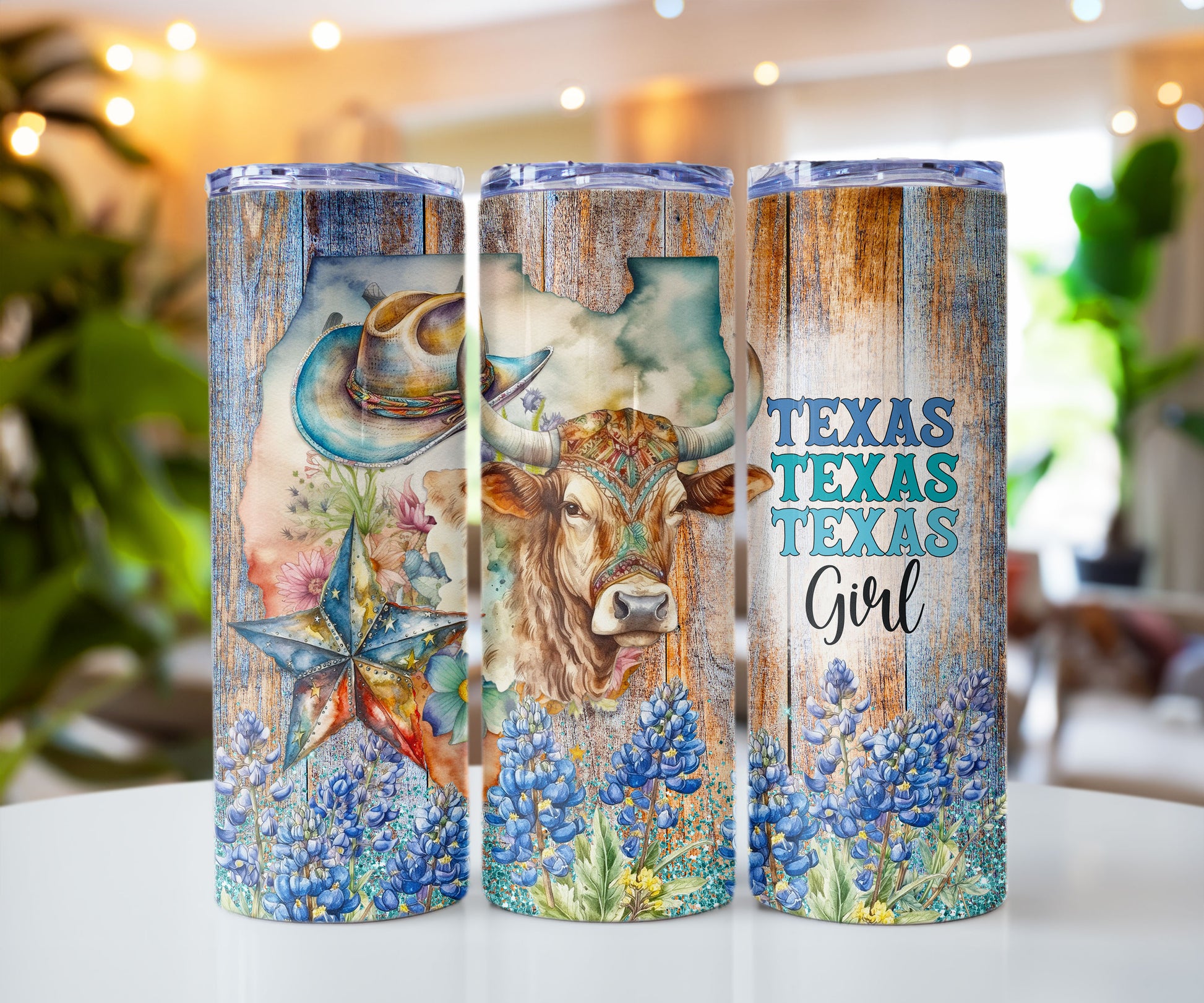 Texas Themed Longhorn and Bluebonnet 20 oz Tumbler CedarHill Country Market