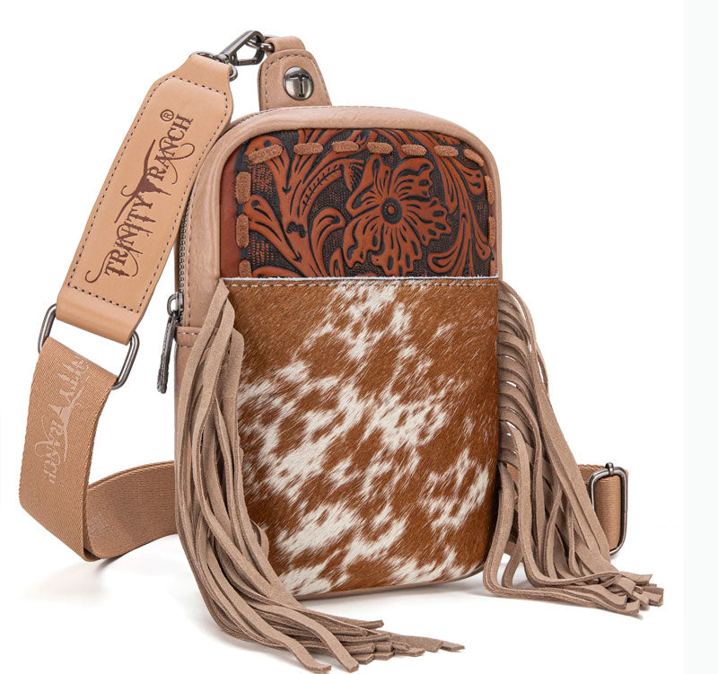 Trinity Ranch Genuine Hair-On Cowhide Tooled Fringe Sling Bag Cedar Hill Country Market