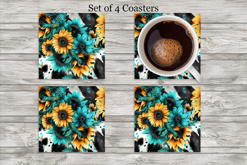 Turquoise Sunflower Neoprene 4 Inch Square Coasters - Set of 4 Cedar Hill Country Market