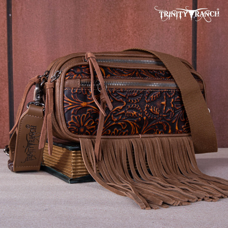 Trinity Ranch Floral Tooled Triple Zippered Pocket Fringe Belt HandBag CedarHill Country Market