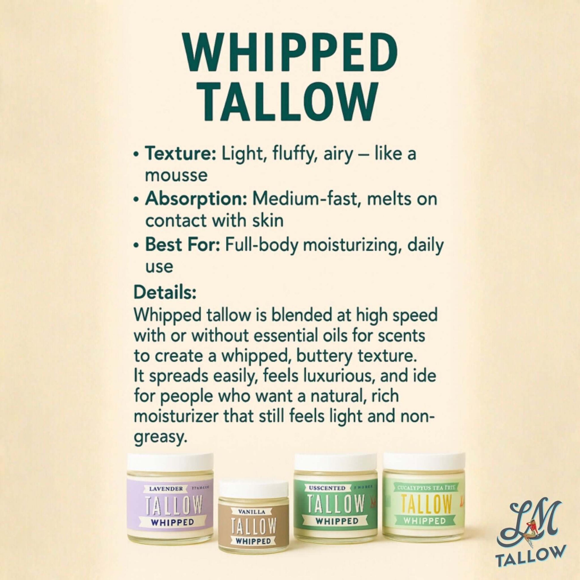 Unscented Whipped Tallow – All-Natural Moisturizer | Pure Beef Tallow Cream for Face & Body |Lady May Handmade, Preservative-Free Skincare Lady May Tallow