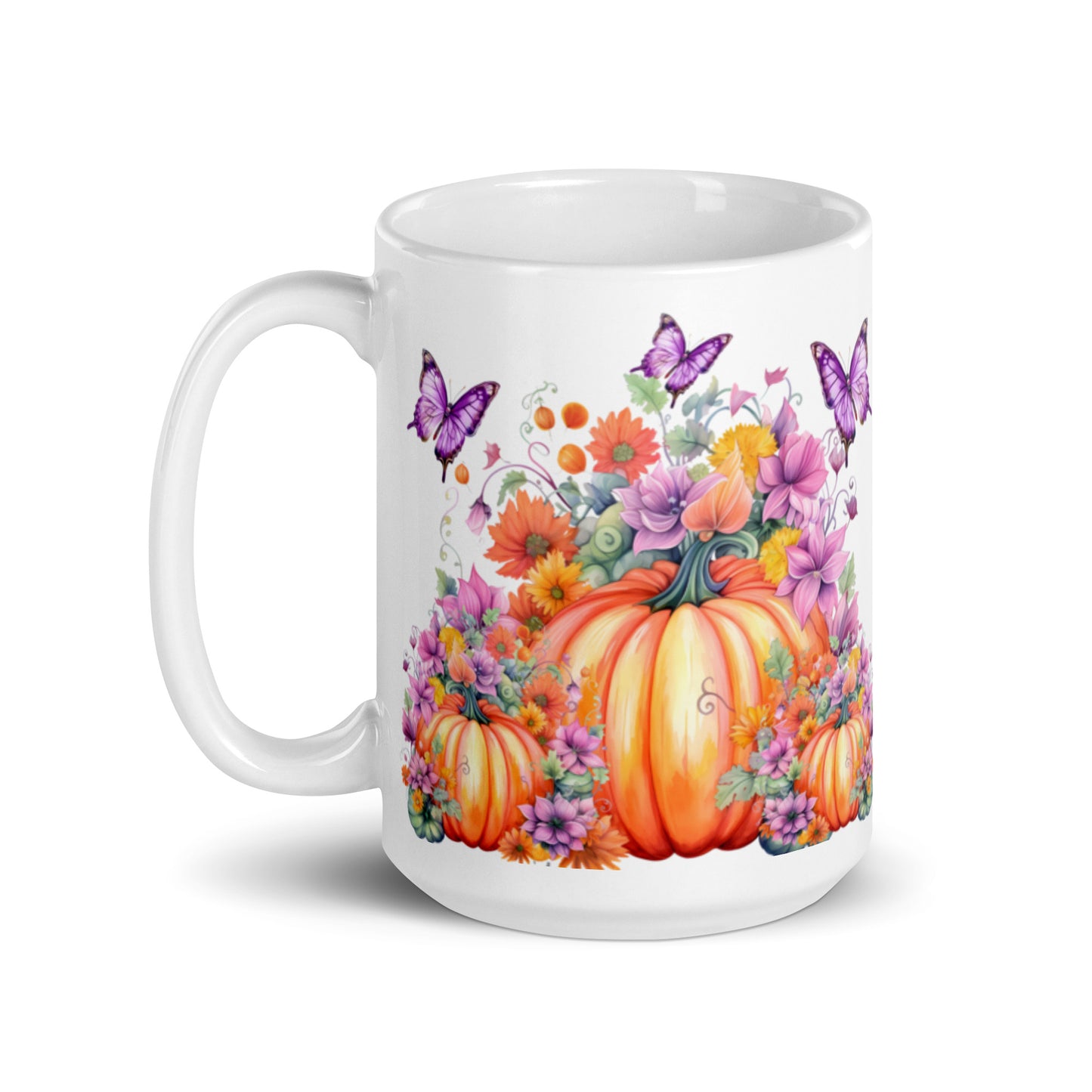 Bright Pumpkin and Butterfly Bliss White glossy mug CedarHill Country Market