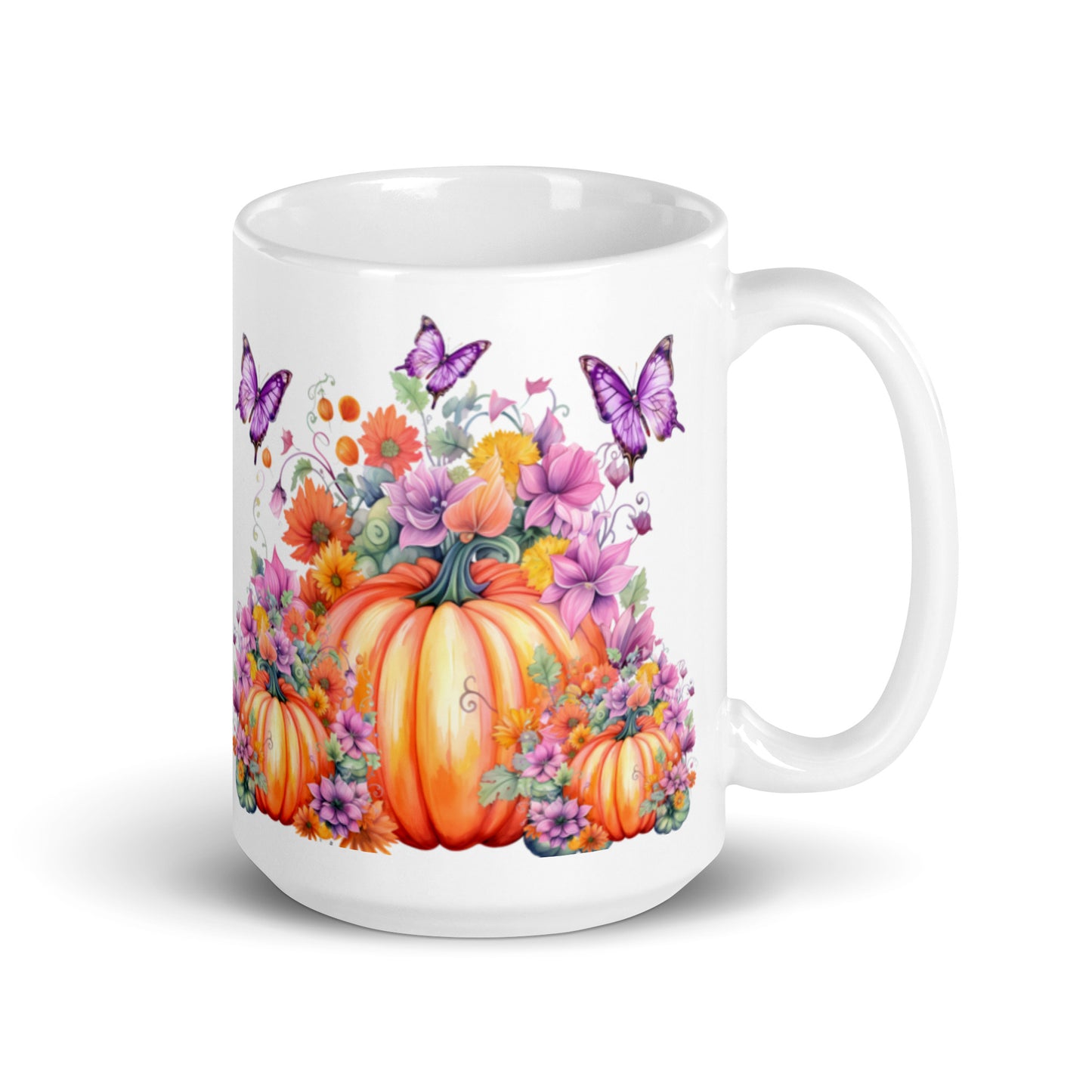 Bright Pumpkin and Butterfly Bliss White glossy mug CedarHill Country Market