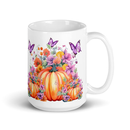 Bright Pumpkin and Butterfly Bliss White glossy mug CedarHill Country Market