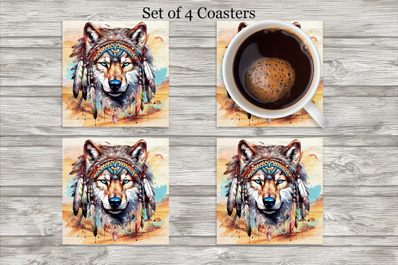 Wolf Native Western Neoprene 4 Inch Square Coasters - Set of 4 Cedar Hill Country Market