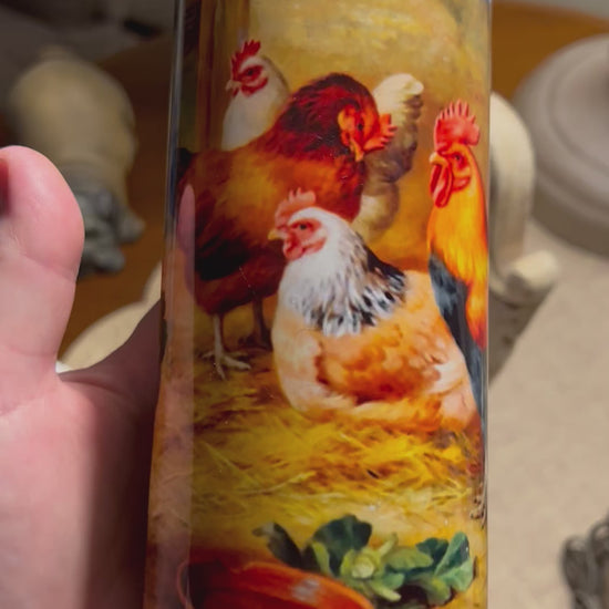 Look at the barbed wire trim and the colorful chickens that come to life right on your tumbler.