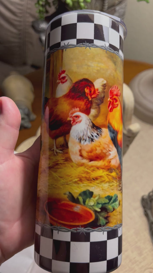 Look at the barbed wire trim and the colorful chickens that come to life right on your tumbler.